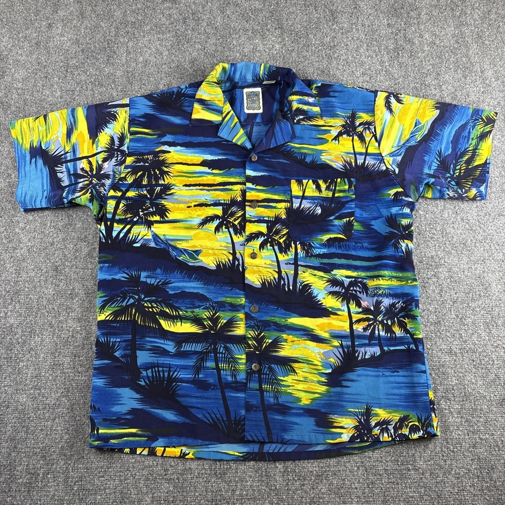 Vintage Ocean Current Hawaiian Shirt Men's Medium Blue Sunset Palm Tree Y2K